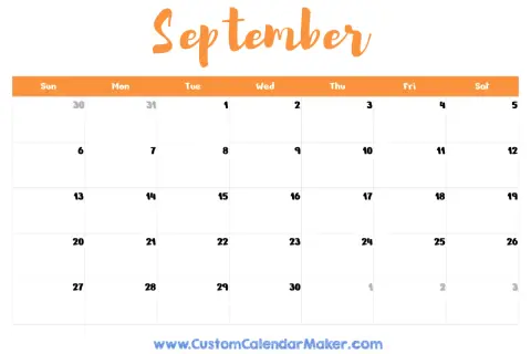 Calendario de septiembre de 2026 con días de la semana y números de fecha.