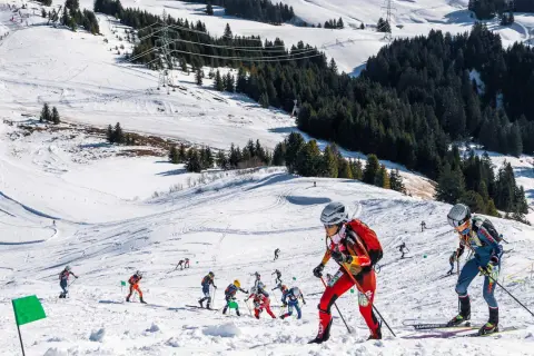 Skibergsteigen-Athleten kämpfen sich einen verschneiten Hang hinauf, bereit für olympische Herausforderungen.