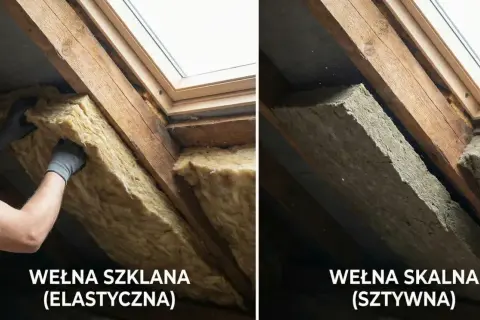 Porównanie dwóch rodzajów wełny: elastycznej wełny szklanej i sztywnej wełny skalnej, stosowanych do izolacji poddasza.