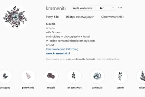 Profil Klaudii, artystki tworzącej haftowane cuda. Znajdziesz tu inspiracje i historie z jej pracowni, idealne do **stories instagram**.