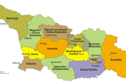 Mapa pokazuje, gdzie leży Gruzja, z podziałem na regiony: Abchazja, Megrelia, Imeretia, Adżaria, Kachetia i inne.