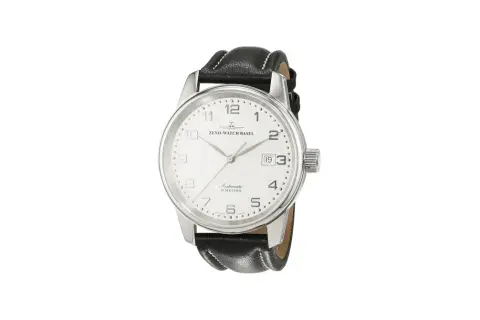 Elegante reloj Zeno Watch Basel automático con correa de cuero negro y esfera blanca.