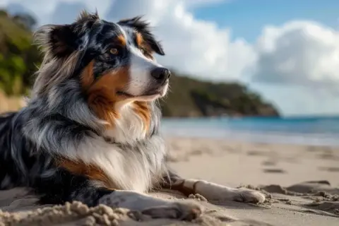 Un magnifique chien au pelage tricolore se repose sur une plage de sable fin, contemplant l'océan. Une question se pose : à quel âge emmener son chiot à la mer pour une première expérience ?