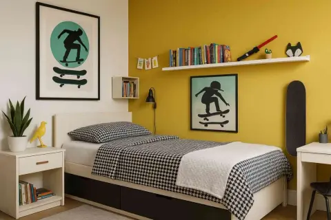 Ein cooles Jugendzimmer mit gelber jugendzimmer wandfarbe, Bett mit skateboard-Motiv und vielen Büchern.