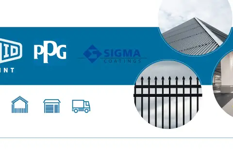 Loghi Solid Paint, PPG e Sigma Coatings. Immagini di un tetto metallico, una recinzione e un parcheggio. Soluzioni per ppg vernici.