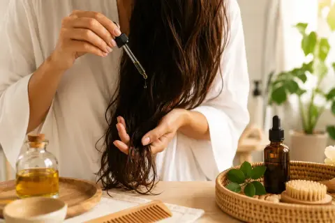 Application d'un sérum nourrissant pour un bain d'huile cheveux. Une main applique des gouttes d'huile sur les longueurs.