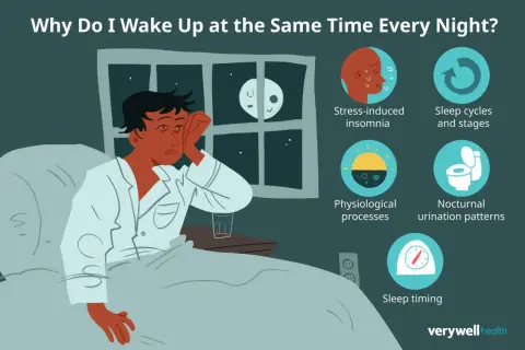 A person is awake in bed, looking stressed. The image explores reasons for waking up at 3am, like stress, sleep cycles, and physiological processes.