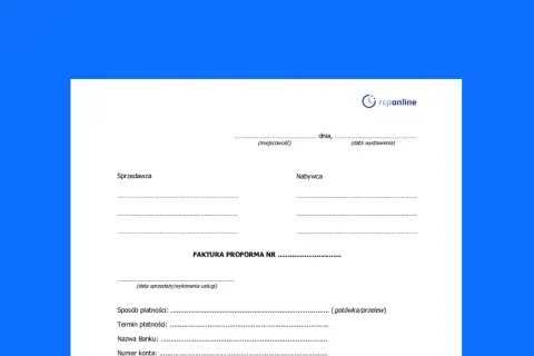 Szablon faktury proforma z polami do wypełnienia danych sprzedawcy, nabywcy, daty, sposobu i terminu płatności.