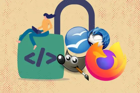 Kobieta z laptopem siedzi na zielonej kłódce z kodem. Wokół niej ikony popularnych programów: GIMP, Firefox, Thunderbird, Outlook. Ta aplikacja to centrum cyfrowego świata.
