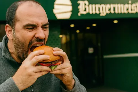 Mężczyzna z pasją wgryza się w soczystego burgera, zastanawiając się, skąd pochodzą hamburgery.