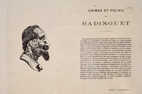 Caricature de Napoléon III : un buste complexe où se mêlent symboles politiques et figures historiques, évoquant le Mexique et la France.