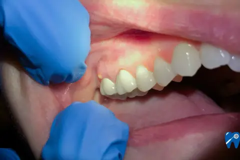 Widoczne ropa w zębie, zaczerwienione dziąsło i zęby. Rękawiczki dentystyczne uwidaczniają problem.