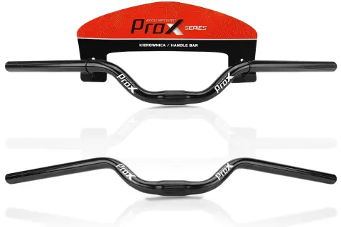 Czarna kierownica PROX z logo, idealna do roweru trekkingowego. Ergonomiczny kształt zapewnia komfort podczas długich tras.
