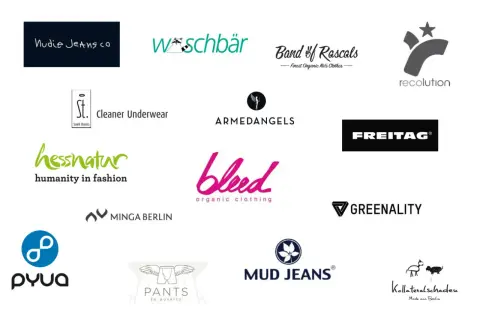 Logos von nachhaltige mode marken wie Nudie Jeans, Hessnatur, Armedangels, Mud Jeans und Freitag.