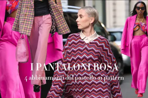 Moda in rosa: un vestito rosa acceso con scarpe abbinate, un completo fucsia e un maglione a zig-zag.