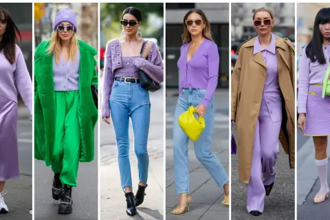 Sei modi per abbinare il lilla: da outfit casual con jeans a look eleganti con gonne e cappotti.
