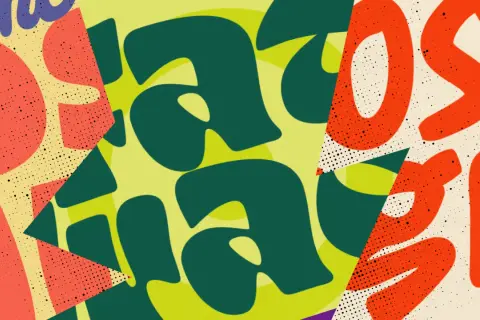 Abstract art with bold, rounded, cozy fonts in green, orange, and purple, layered over a textured background.
