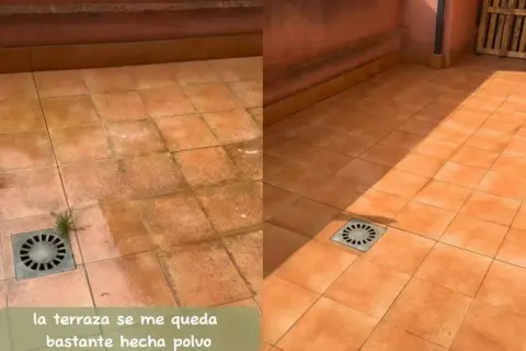 Antes y después de limpiar el verdín del suelo de la terraza. ¡Quedó impecable!