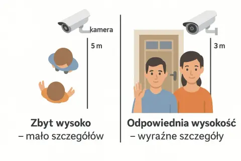 Ilustracja porównująca montaż kamery zewnętrznej: zbyt wysoko (mało szczegółów) i na odpowiedniej wysokości (wyraźne szczegóły).