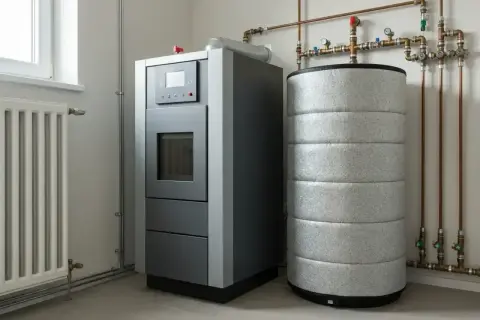 Nowoczesny bufor do pieca, obok grzejnika i instalacji grzewczej, zapewnia efektywne ogrzewanie domu.