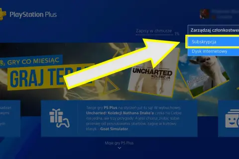 Menu PlayStation z podświetloną opcją "Subskrypcja" i strzałką.