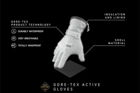 Vit handske med GORE-TEX membran, som är hållbart vattentät, mycket ventilerande och helt vindtät. Perfekt för aktiva äventyr.
