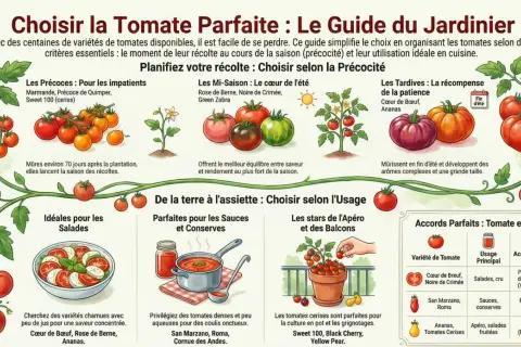 Guide du jardinier : choisir la tomate parfaite. Illustrations de tomates, salades, sauces et poivres. Idéal pour le jus de tomate.