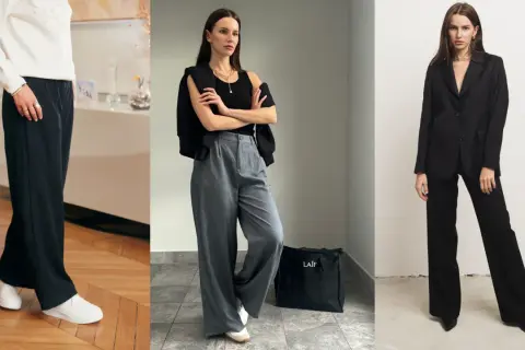 Stylizacje z czarnymi szerokimi spodniami: biała bluzka i sneakersy, czarny top i marynarka, lub elegancki garnitur.