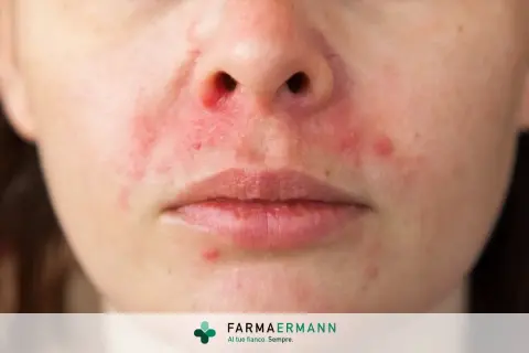 Primo piano del volto di una persona con arrossamenti e piccole pustole, indicativi di dermatite faccia.