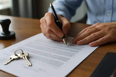 Dłoń podpisuje dokument, obok klucze i pieczęć. To akt poświadczenia dziedziczenia, który otwiera nowy rozdział.