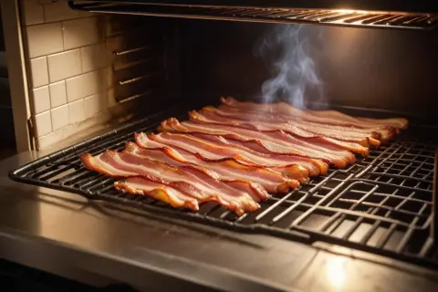 Rader av perfekt tillagad bacon i ugn, med en lätt ånga som stiger upp.