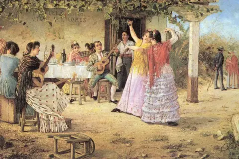 Un grupo celebra con música y baile, mostrando curiosidades de las sevillanas. Guitarra, castañuelas y trajes vibrantes llenan la escena.
