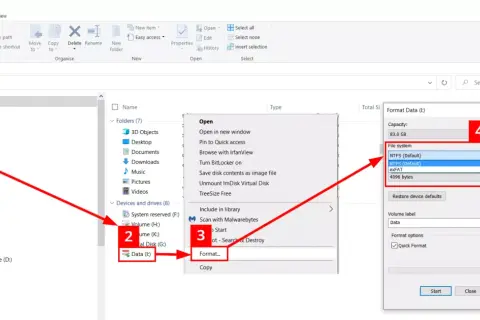 Guía visual para formatear disco duro desde cmd. Selecciona "Este equipo", haz clic derecho en la unidad, elige "Formatear" y selecciona el sistema de archivos.