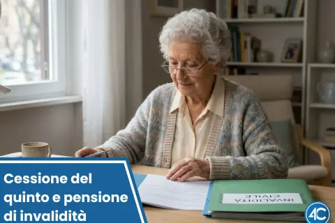 Anziana esamina documenti, con la dicitura "Cessione del quinto e pensione di invalidità". La pensione di invalidità fa reddito.