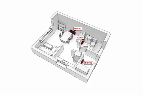 Schemat mieszkania 60m2 z zaznaczonym ogrzewaniem elektrycznym. W salonie, łazience i kuchni widoczne są grzejniki.