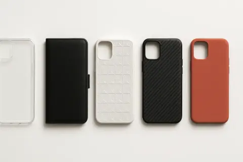 Coque TPU, c'est quoi ? Cinq coques de téléphone : transparente, noire portefeuille, blanche texturée, noire carbone, et orange.