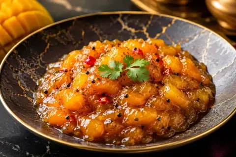 En skål med gyllene mangobitar, kryddad med chili och koriander. Perfekt för ditt mango chutney recept.