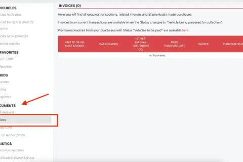 Dokumenty: faktury (0). Sekcja "Invoices" jest podświetlona, gotowa do przeglądania historii zakupów i faktur rdw.