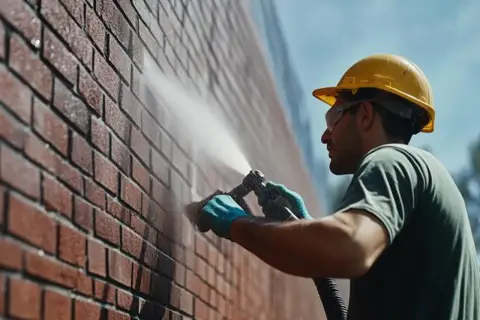 Un ouvrier en casque jaune applique un produit pour imperméabiliser un mur extérieur en briques avec un pulvérisateur.