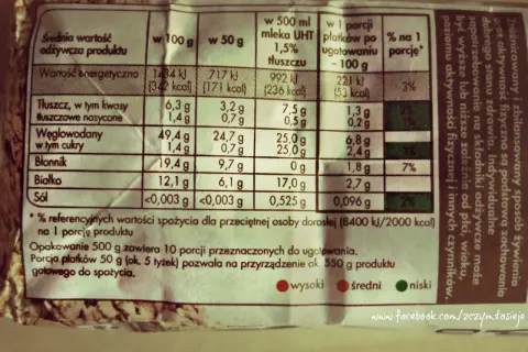 Tabela z wartościami odżywczymi płatków. Podaje kalorie, tłuszcze, węglowodany, błonnik, białko i sól w 100g, 50g, w 500ml mleka i w porcji po ugotowaniu.