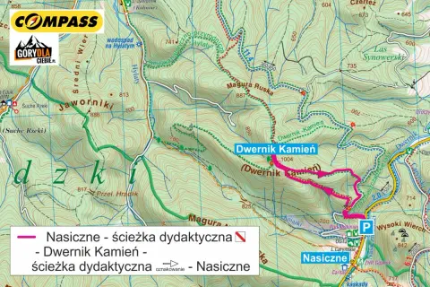 Mapa szlaku dydaktycznego "Dwernik Kamień" w Beskidach. Trasa prowadzi przez malownicze tereny, z zaznaczonymi punktami widokowymi i wodospadami.