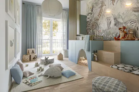 Ein fantasievolles Kinderzimmer einrichten Junge mit Dschungel-Tapete, Spielhaus und vielen Kuscheltieren.