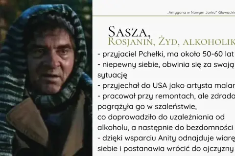 Sasza, Żyd, alkoholik, przyjaciel Pchełki, w spektaklu "Antygona w Nowym Jorku".