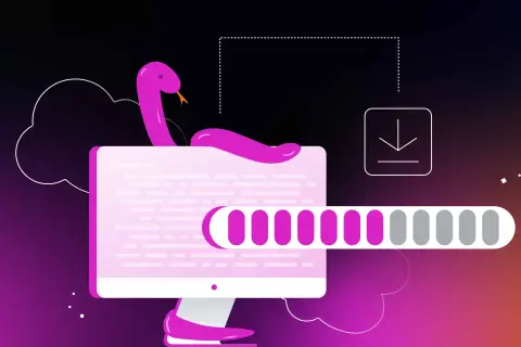 Un serpent rose s'enroule autour d'un écran d'ordinateur affichant du code. Une barre de progression indique le téléchargement, symbolisant l'installation de Python sur Debian.