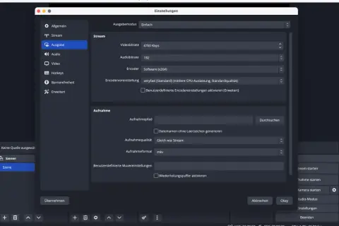Einstellungen für einen Twitch Stream einrichten: Video- und Audiobitrate, Encoder und Aufnahmeeinstellungen in OBS.