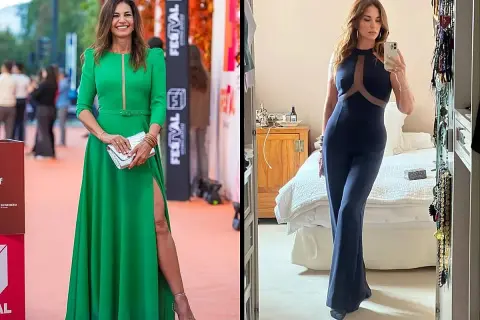 Mariló Montero luce un vestido verde con abertura y un mono azul, mostrando su elegancia en dos momentos distintos.