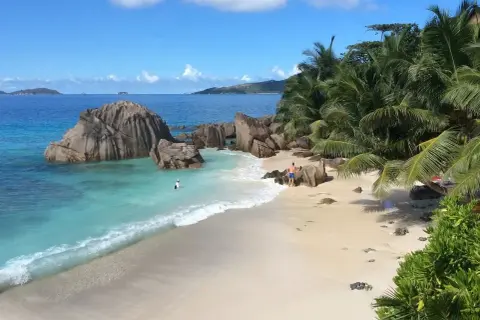Rajska plaża na Seszelach, turkusowa woda, palmy i skały. Zastanawiasz się, ile się leci na Seszele, by poczuć ten spokój?