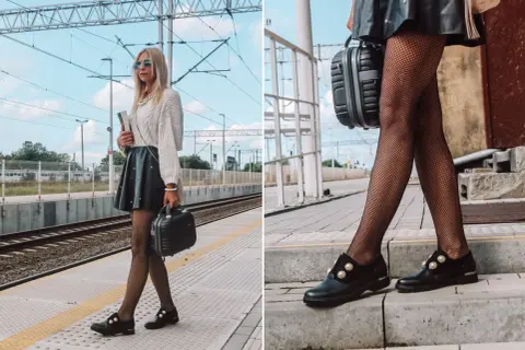 Stylowa kobieta na dworcu, w czarnych, ozdobnych mokasynach, które idealnie pasują do jej skórzanej spódniczki i rajstop w rybacką sieć.