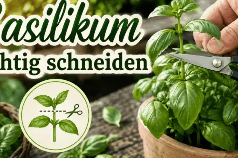 Frische Basilikum-Pflanze wird mit einer Schere beschnitten, um das Wachstum zu fördern.