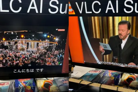 Ricky Gervais at the Golden Globes, with VLC automatic subtitles displaying in Japanese and French.
